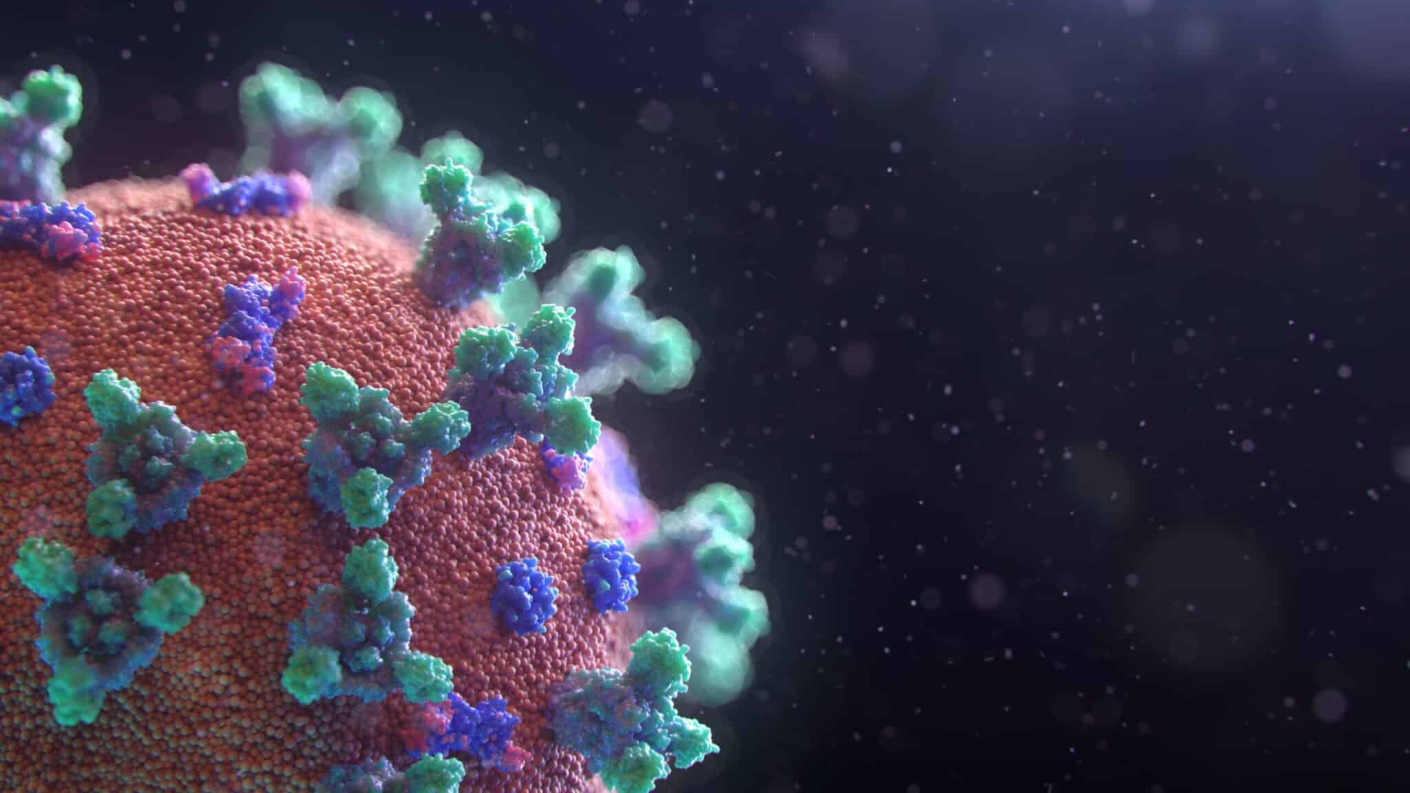 Representación tridimensional de un virus con sus proteínas de superficie