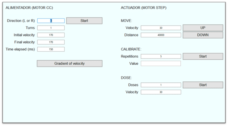 Development of an application to control a device Captura de la interfaz de control del alimentador y el actuador de un dispositivo de ensayo