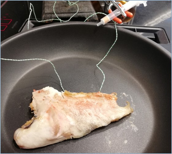 Analysis of air purification filter efficiency Chicken breast cooking in a pan with measuring probes during an odour generation test