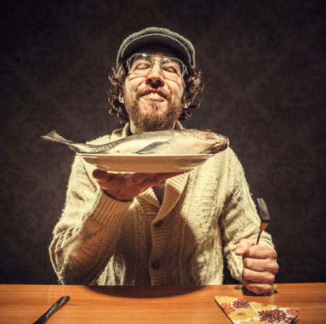 Analysis of air purification filter efficiency Smiling man holding a plate of food