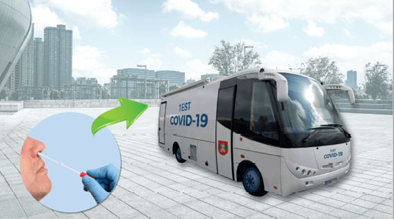 Ilustración del autobús acondicionado como puesto avanzado de pruebas PCR