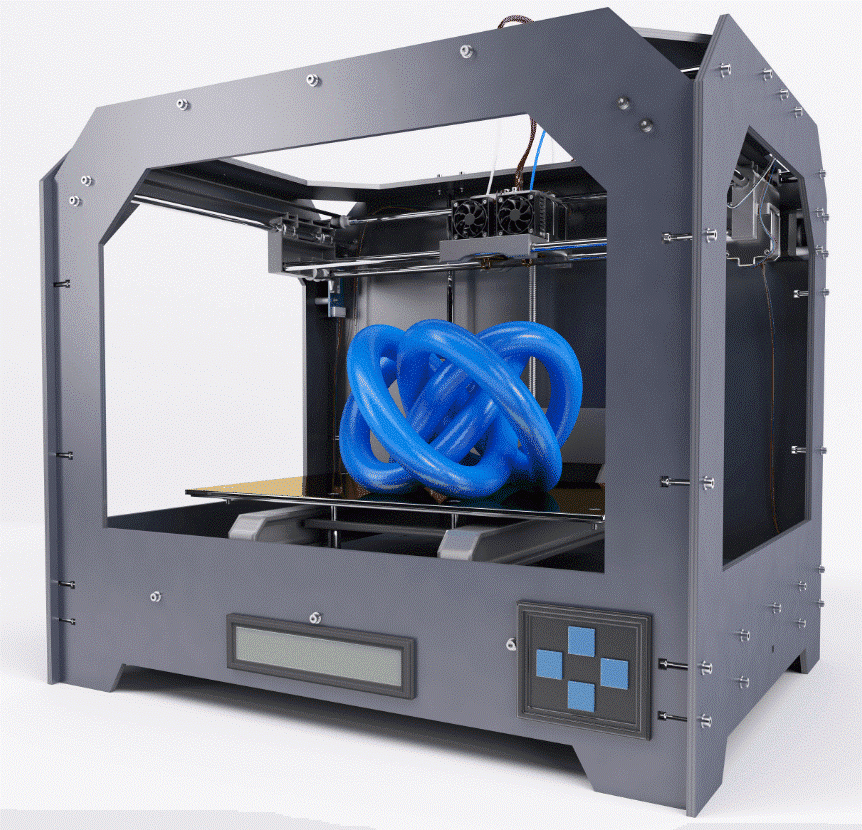 Impresora 3D de filamento de sobremesa con una bobina azul cargada, en el laboratorio