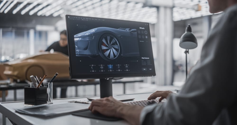 Engineer working on 3D CAD modelling of automotive component in industrial design studio