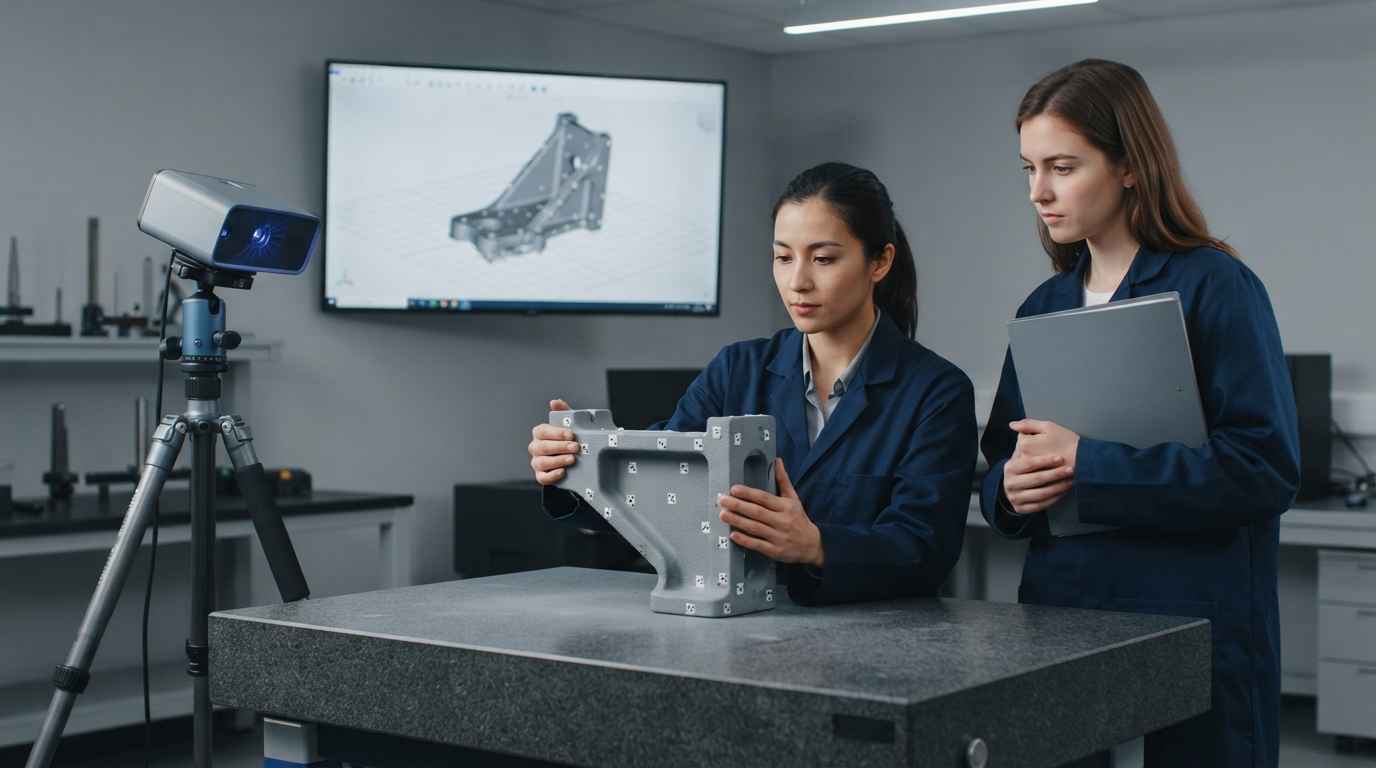 3D scanning dimensional inspection against the part's CAD model 3D scanning dimensional inspection, two engineers digitising a machined bracket on a granite surface plate in a metrology room