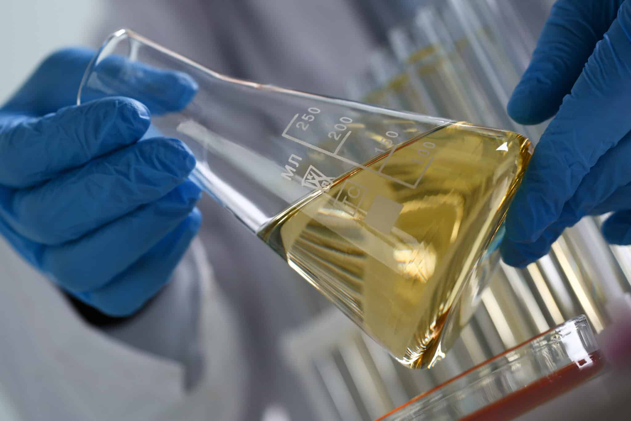 Testing of lubricants and industrial oils Laboratory technician holding a flask with an industrial oil sample