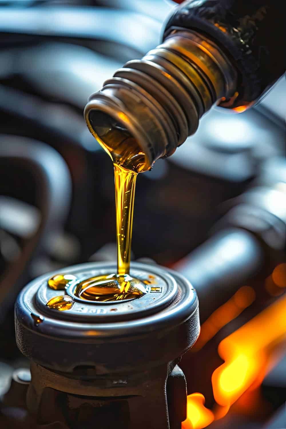 Testing of lubricants and industrial oils Lubricating oil being poured into an engine during maintenance