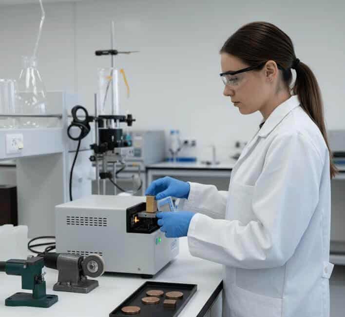 Técnica realizando análisis ICP para determinar la composición química de materiales industriales