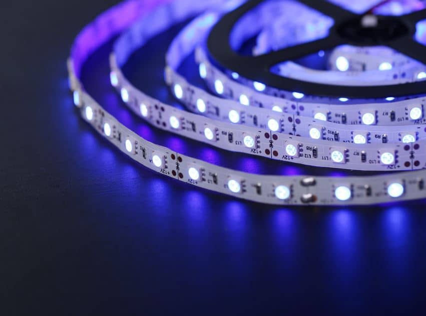 Ultraviolet LED strip used in disinfection devices for treating textiles and surfaces with UV radiation