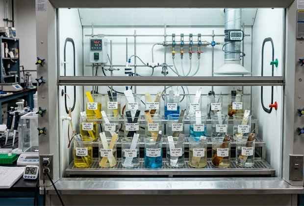Laboratory setup with multiple chemical solutions used to evaluate material resistance under controlled conditions