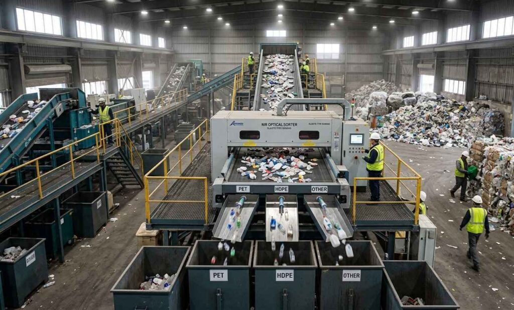 Planta industrial de reciclaje con clasificación de polímeros mediante sistema NIR en cinta transportadora