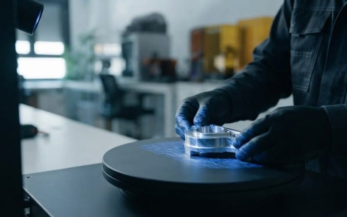 Ingeniería inversa para el desarrollo de productos Técnico con guantes colocando pieza mecanizada de aluminio en plataforma giratoria de escáner 3D para ingeniería inversa