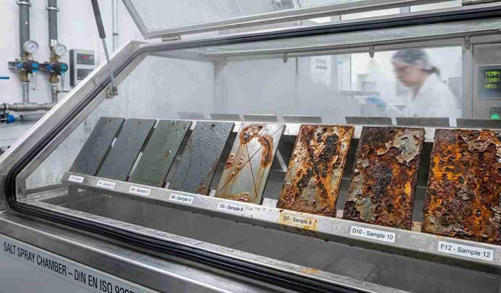 Comparative corrosion testing of metal materials using salt spray chamber to evaluate durability and resistance