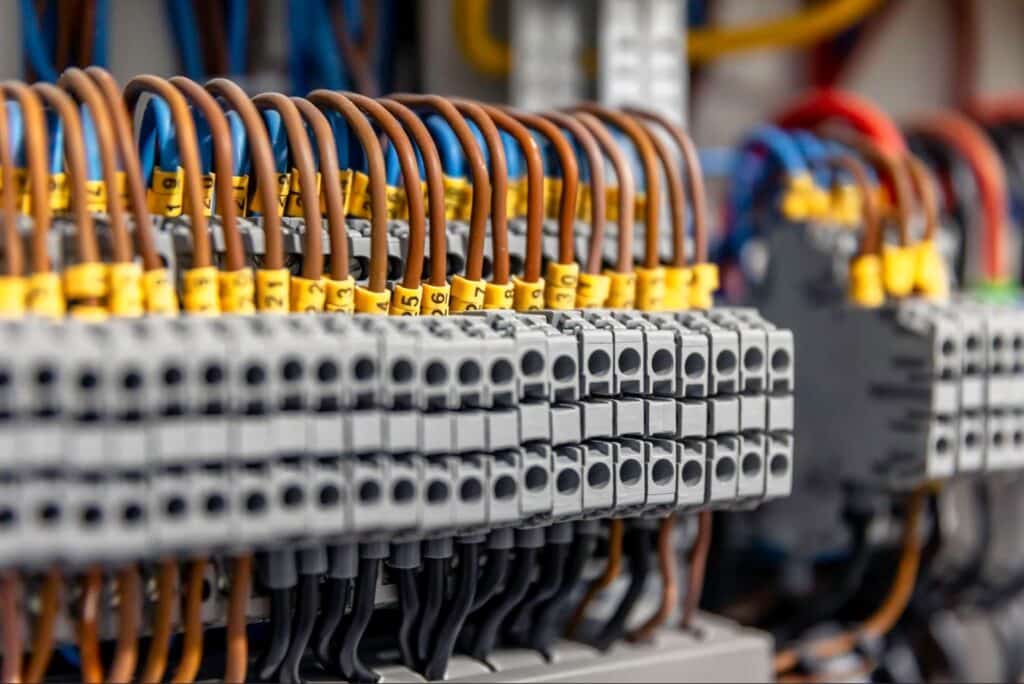 Close-up of wiring in an industrial electrical component where residues associated with potential electrical failures were detected.