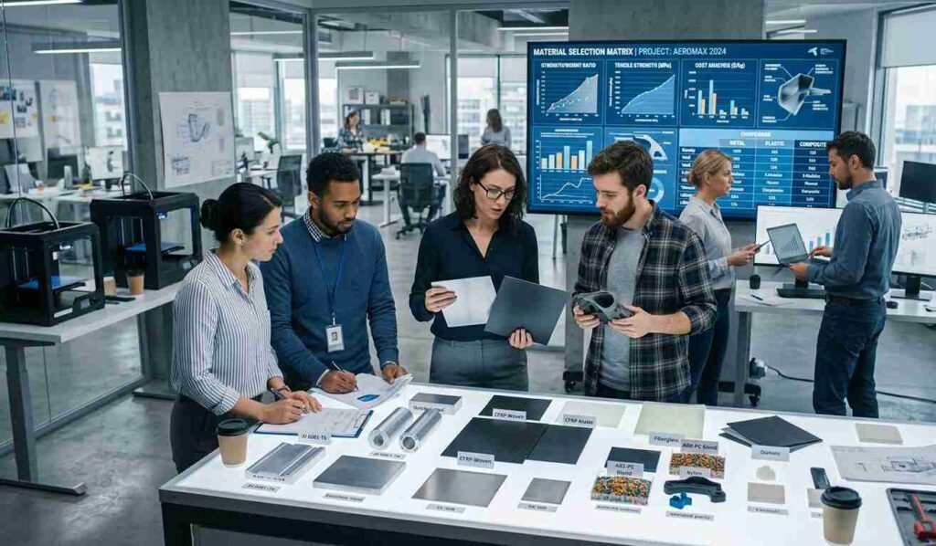 Equipo de ingeniería evaluando materiales y muestras en consultoría industrial técnica para desarrollo de producto