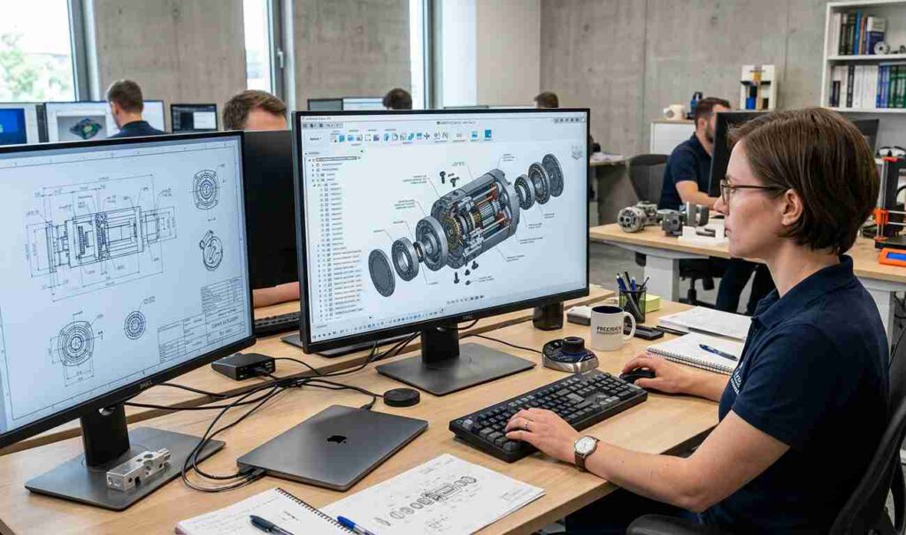 Ingeniera trabajando en diseño CAD y desarrollo mecánico de componentes para producto industrial