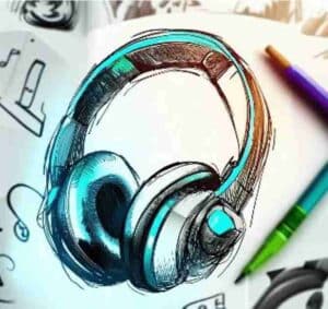 Boceto conceptual de auriculares realizado durante un proceso de diseño y desarrollo de producto tecnológico