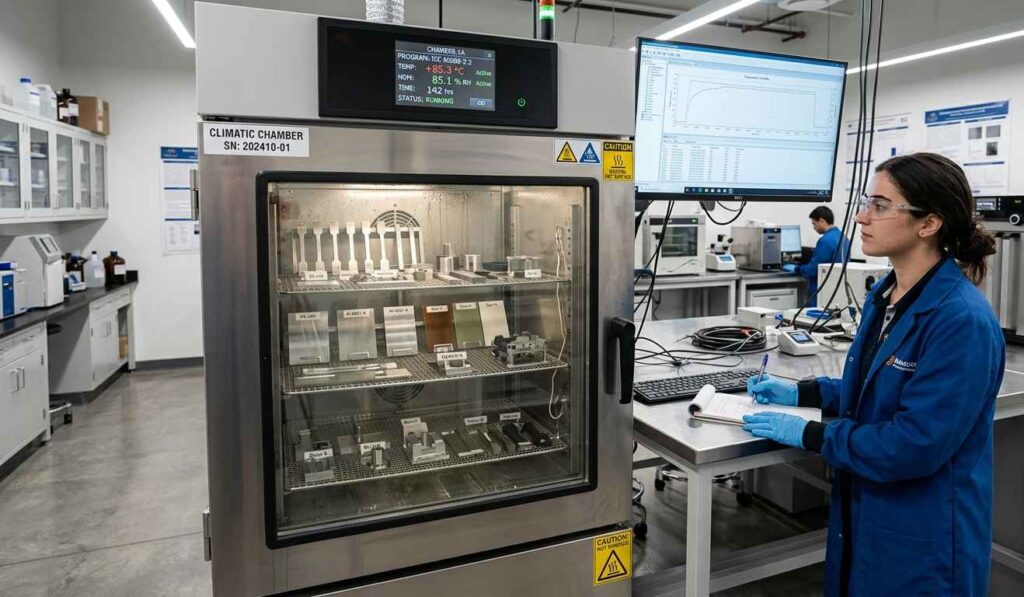 Cámara climática con muestras en ensayo de envejecimiento acelerado controlado