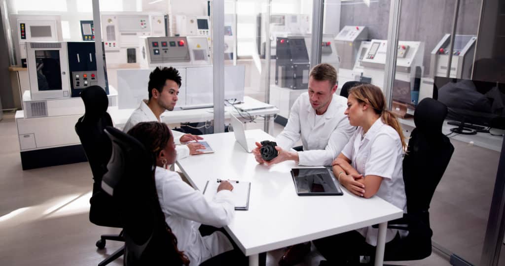 Diseño e innovación Equipo técnico evaluando prototipo en proceso de validación funcional de producto industrial