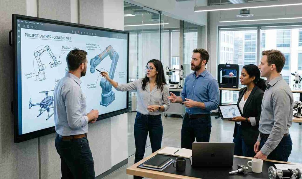 Equipo de ingeniería en sesión de desarrollo de producto industrial con diseño CAD de brazo robótico en pantalla