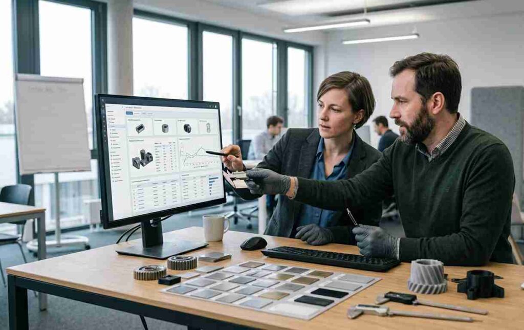 Mejora de productos Dos ingenieros analizan componentes y datos en pantalla durante un proyecto de mejora de productos