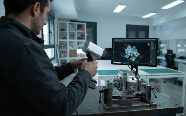 Ingeniería inversa para el desarrollo de productos Técnico usando escáner 3D de mano para digitalizar componente mecánico complejo con nube de puntos en pantalla