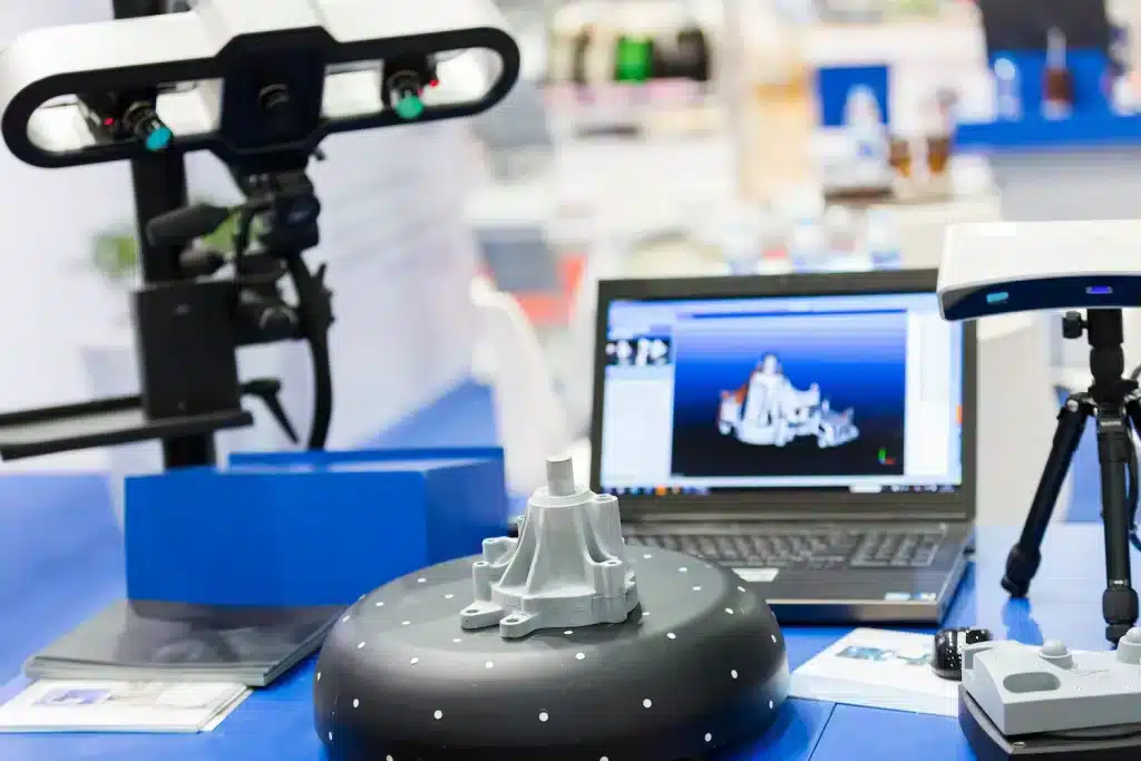 Escaneado 3D y digitalización de piezas Escáner 3D de doble cámara digitalizando componente mecánico de fundición sobre plataforma giratoria con targets de referencia