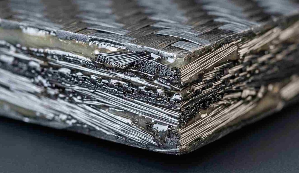 Detalle de material compuesto multicapa con fibras de carbono y matriz polimérica análisis estructural