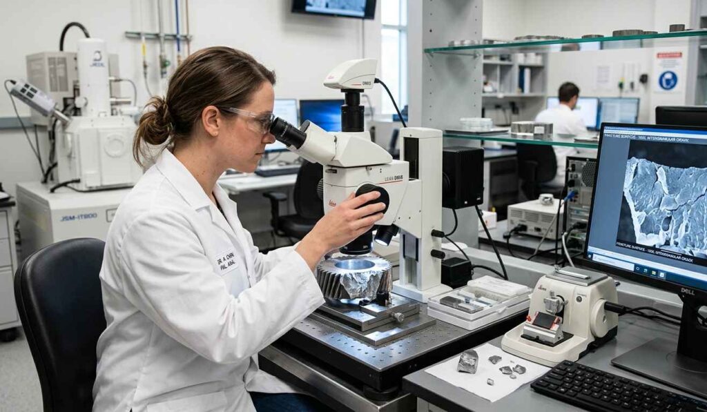 Engineer performing failure analysis on materials using microscope in industrial laboratory to identify fracture causes