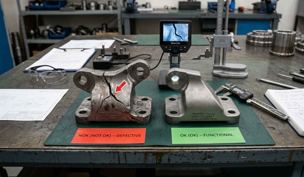 Comparison of defective and functional components in industrial failure analysis OK vs NOK with fractured part