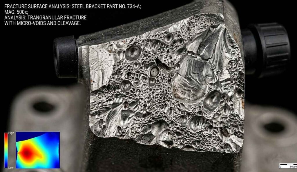 Close-up of fracture surface in metallic material with visible microstructure for failure analysis and root cause identification