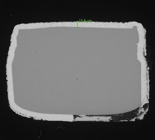 SEM image of a cross-section of a metallic coating after an accelerated corrosion test used to evaluate its corrosion resistance