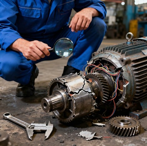 Técnico inspeccionando un motor industrial roto para determinar un posible fallo en materiales o en el diseño.