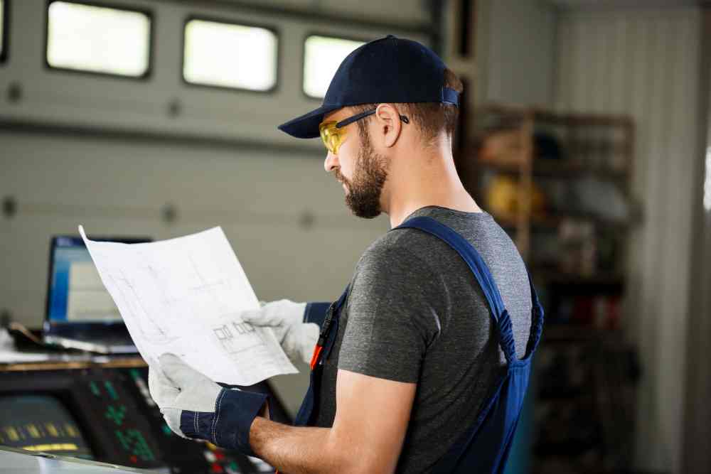 Ingeniero revisando planos técnicos para analizar un fallo en producción industrial