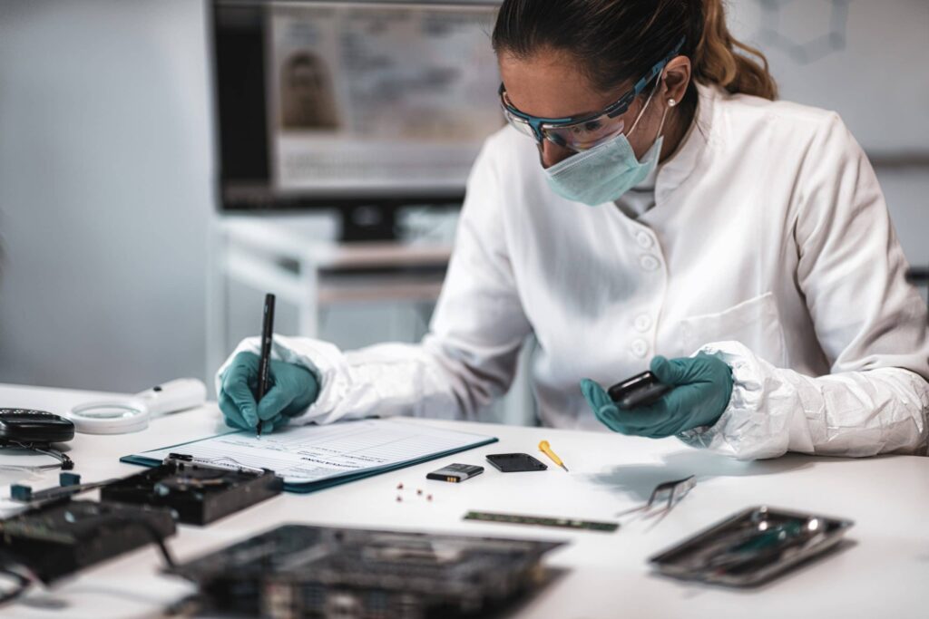 Specialist examining electronic components during a material failure analysis and technical diagnosis