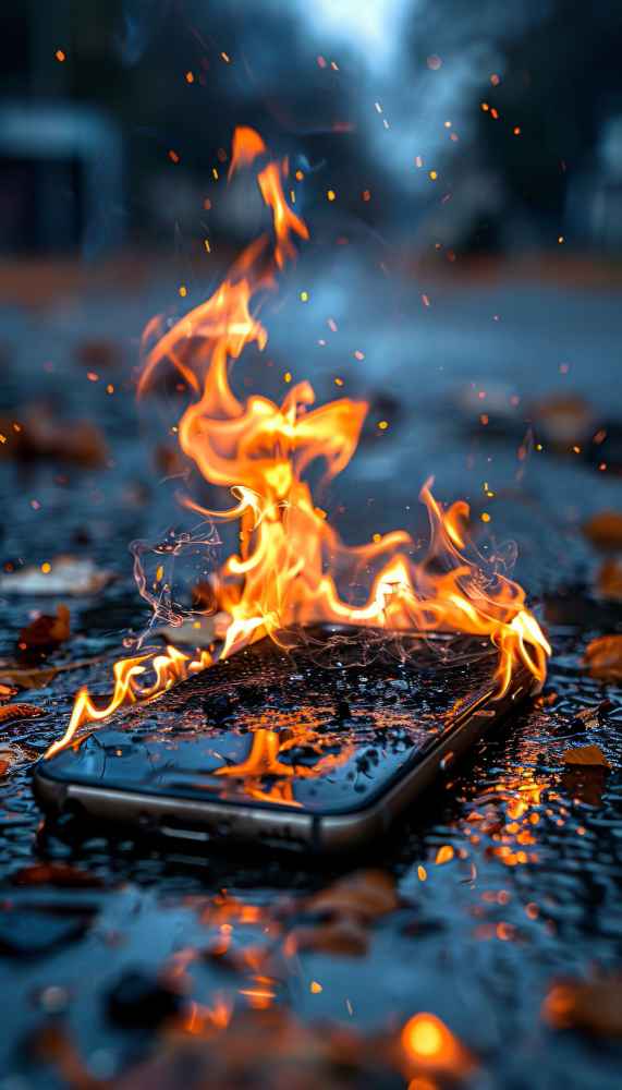 Lithium battery undergoing thermal runaway with fire risk and critical failure