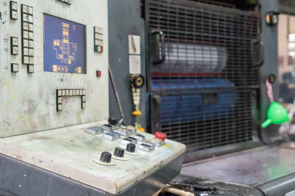 Industrial machine control panel used to monitor manufacturing processes for industrial components