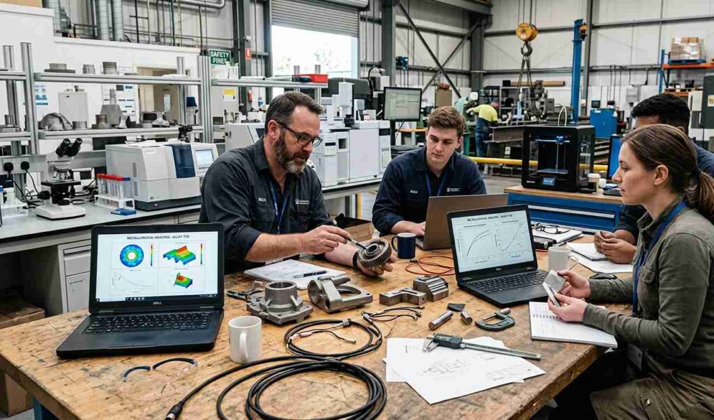 Engineering team performing industrial technical consulting through component and material analysis in a laboratory
