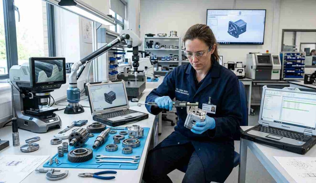 Ingeniería inversa Ingeniero realizando ingeniería inversa y análisis de componentes para caracterización de materiales industriales