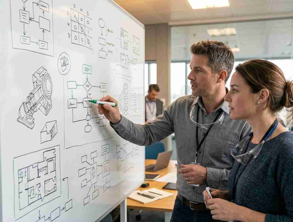 Estudio previo y maduración de idea Dos ingenieros analizando bocetos técnicos en pizarra durante estudio previo de desarrollo de producto