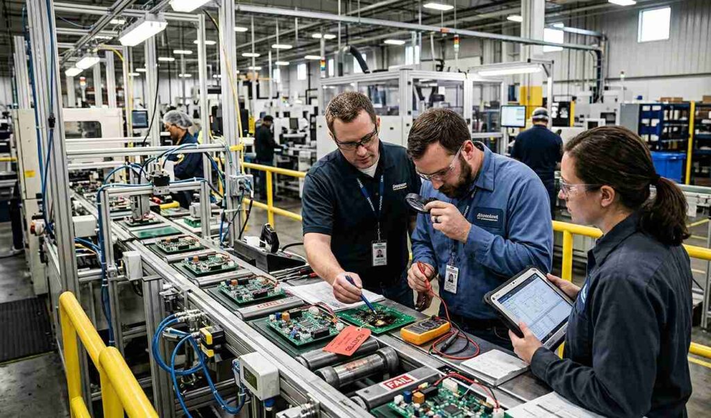 Forensic engineering Equipo técnico revisando línea de producción para análisis de fallos industriales