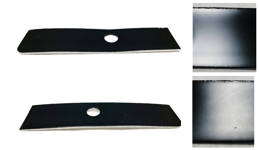 Piezas metálicas con recubrimiento negro utilizadas en el análisis de defectos en pintura industrial y evaluación del acabado superficial