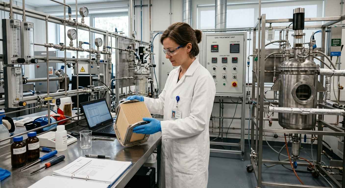 Desarrollo de filtros con catalizador para eliminar gases y olores industriales Investigadora en laboratorio manipulando módulo de filtro catalítico de estructura honeycomb para eliminación de COVs y tratamiento de olores industriales