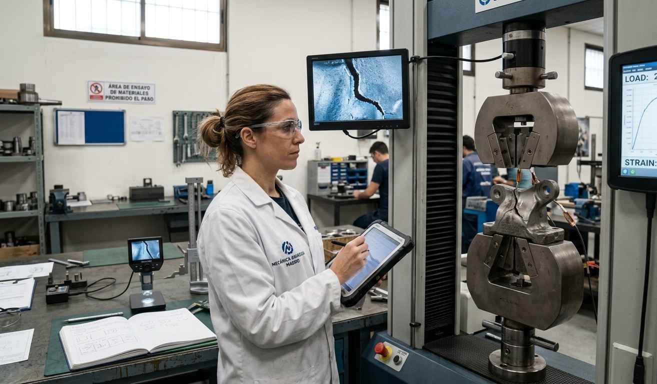 Engineer performing tensile test on metallic component to validate failure and mechanical behavior