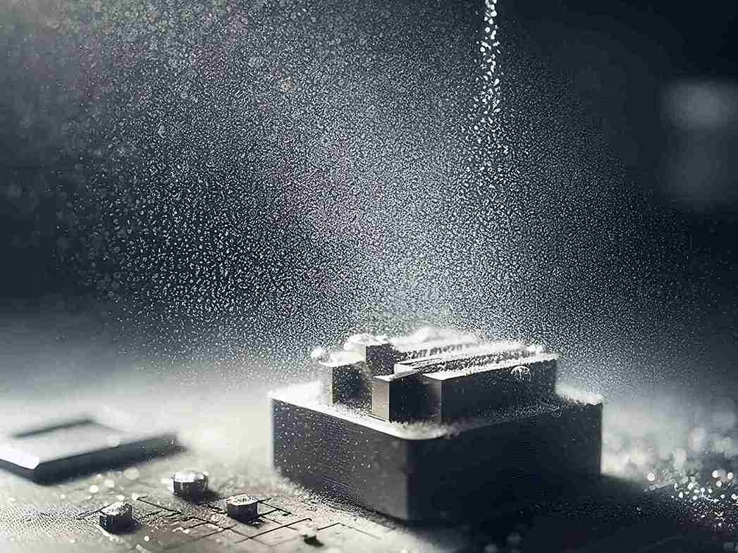 Metal component undergoing testing with particle spray and fluid under controlled conditions