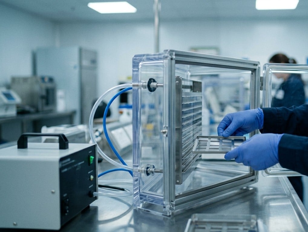 Technician with gloves loading sample into ozone exposure chamber for catalytic filter evaluation testing in laboratory