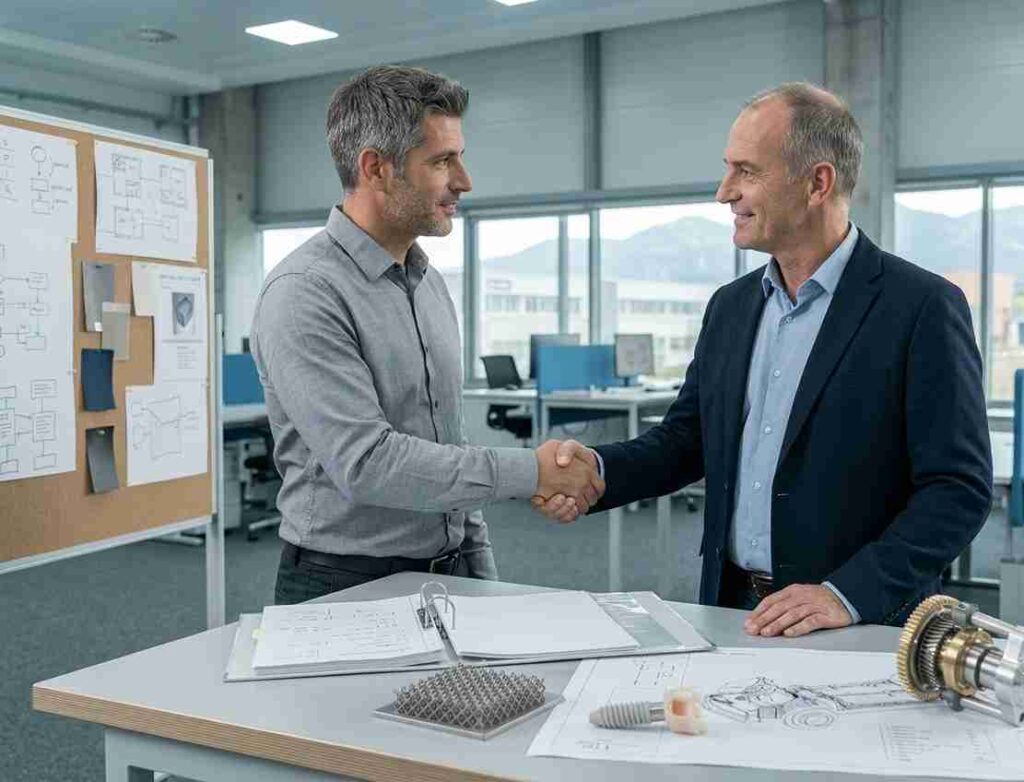 Estudio previo y maduración de idea Dos profesionales cerrando acuerdo de consultoría técnica industrial tras estudio previo de producto.