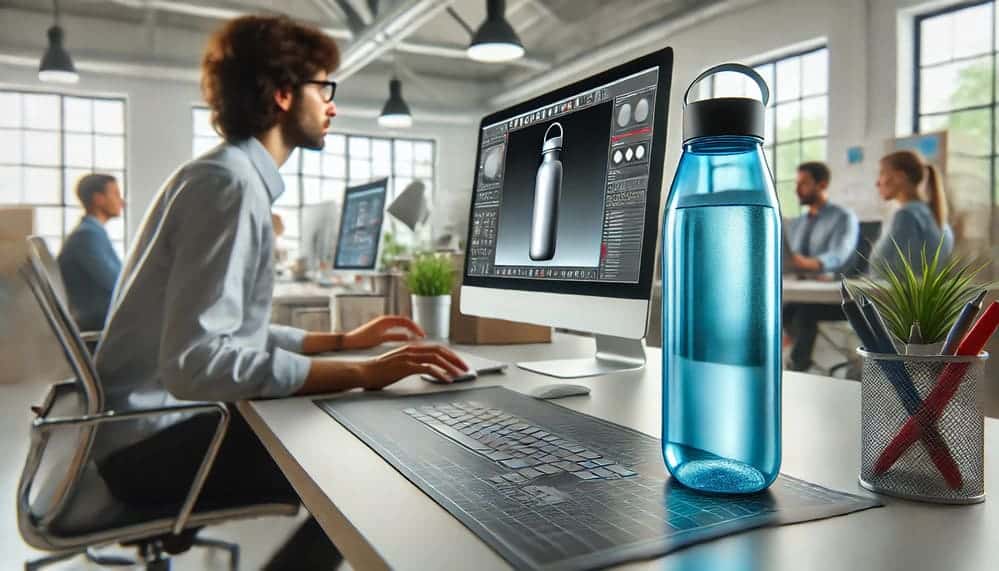 Render de producto Render fotorrealista de botella de consumo junto a modelo CAD 3D en pantalla durante fase de diseño de producto industrial