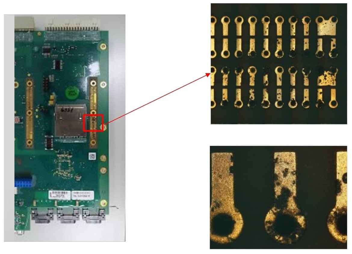 Electronic board with zoomed view of metallic contacts for failure analysis through reverse engineering