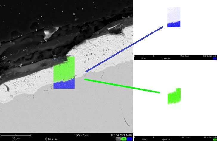 SEM micrograph with EDS analysis of materials in an electronic component for chemical characterization and layer study