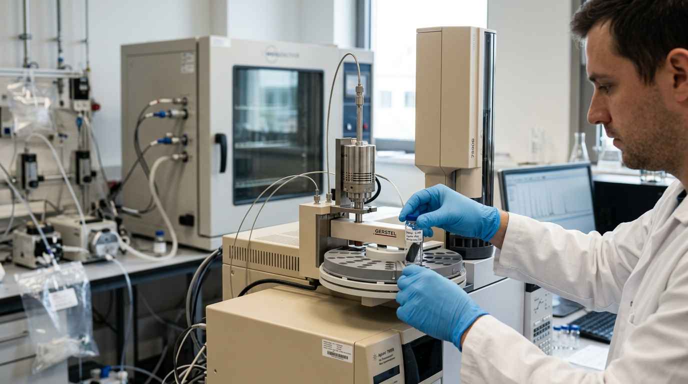 Ensayos para automoción: del PPAP al control de emisiones VOC Técnico con guantes operando sistema de cromatografía de gases GC-MS con automuestreador Gerstel en laboratorio de análisis químico